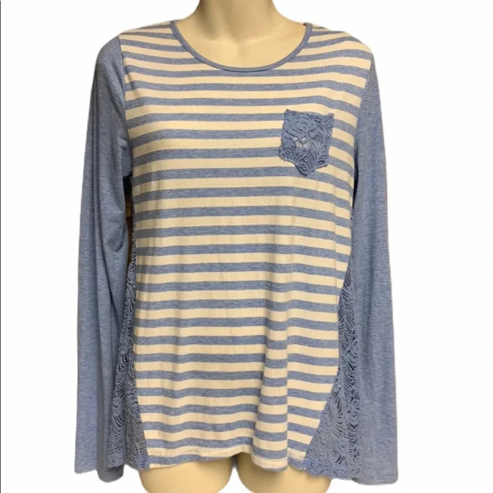 Poof! Blue/white striped lacy long sleeve top L